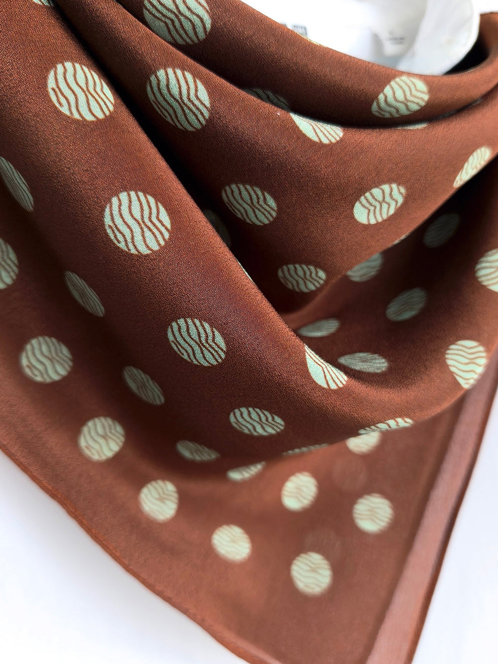 Pure Silk Crepe de Chine Square Scarf 65 cm - Caramel with White Dots Print - Machine Rolled Hem