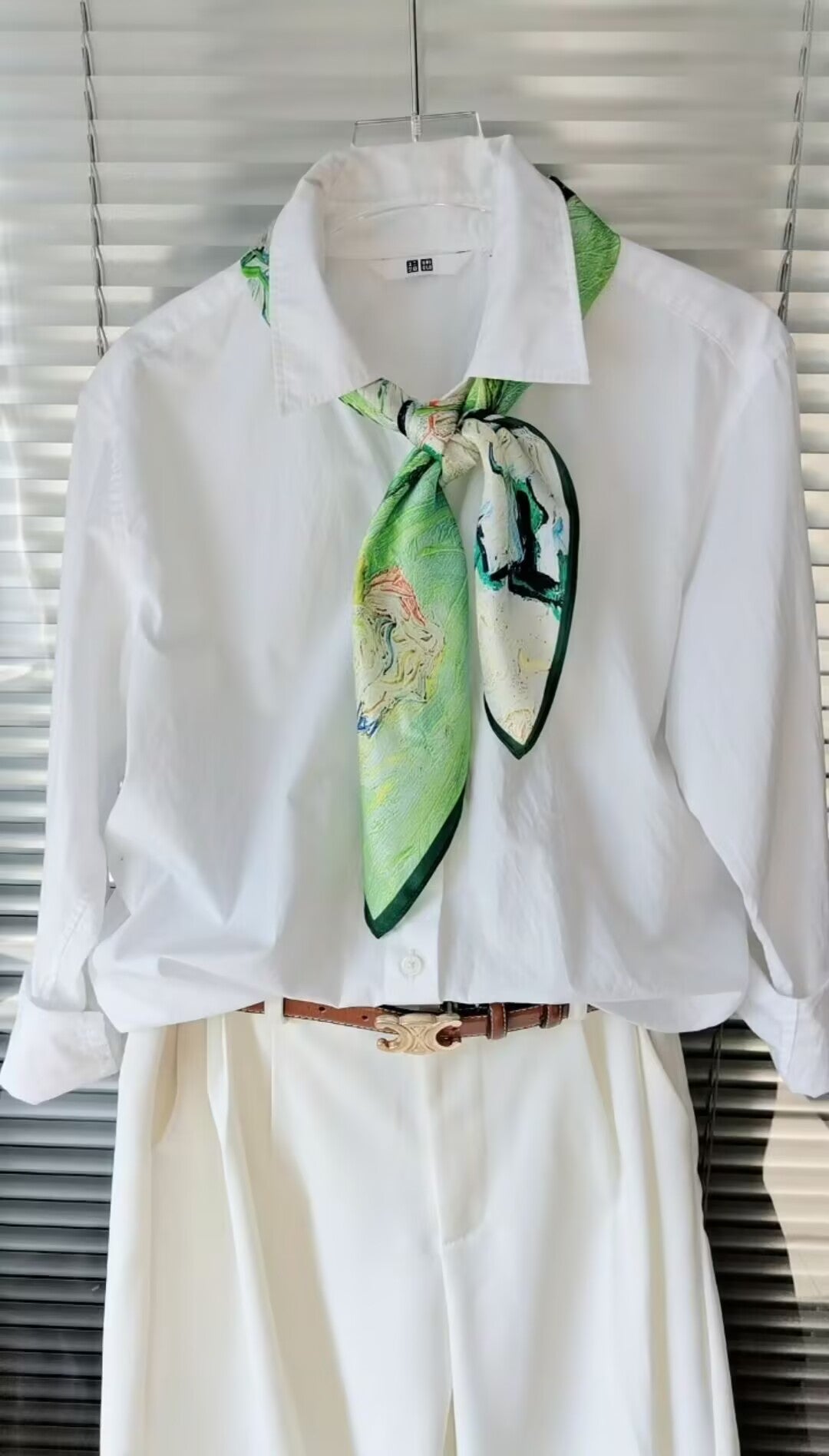 100% Mulberry Silk Satin Square Scarf 65 cm - Van Gogh White Roses Print - Machine Rolled Hem