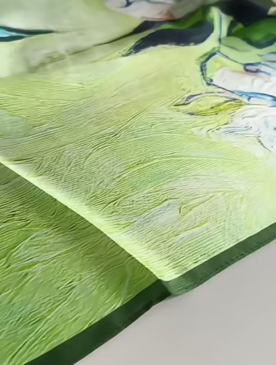 100% Mulberry Silk Satin Square Scarf 65 cm - Van Gogh White Roses Print - Machine Rolled Hem