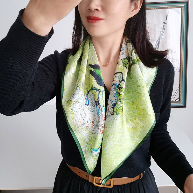 100% Mulberry Silk Satin Square Scarf 65 cm - Van Gogh White Roses Print - Machine Rolled Hem
