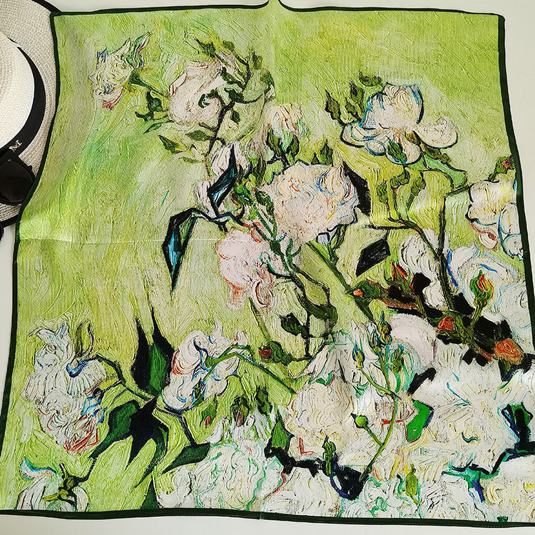 100% Mulberry Silk Satin Square Scarf 65 cm - Van Gogh White Roses Print - Machine Rolled Hem