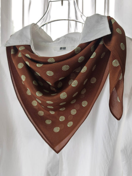 Pure Silk Crepe de Chine Square Scarf 65 cm - Caramel with White Dots Print - Machine Rolled Hem
