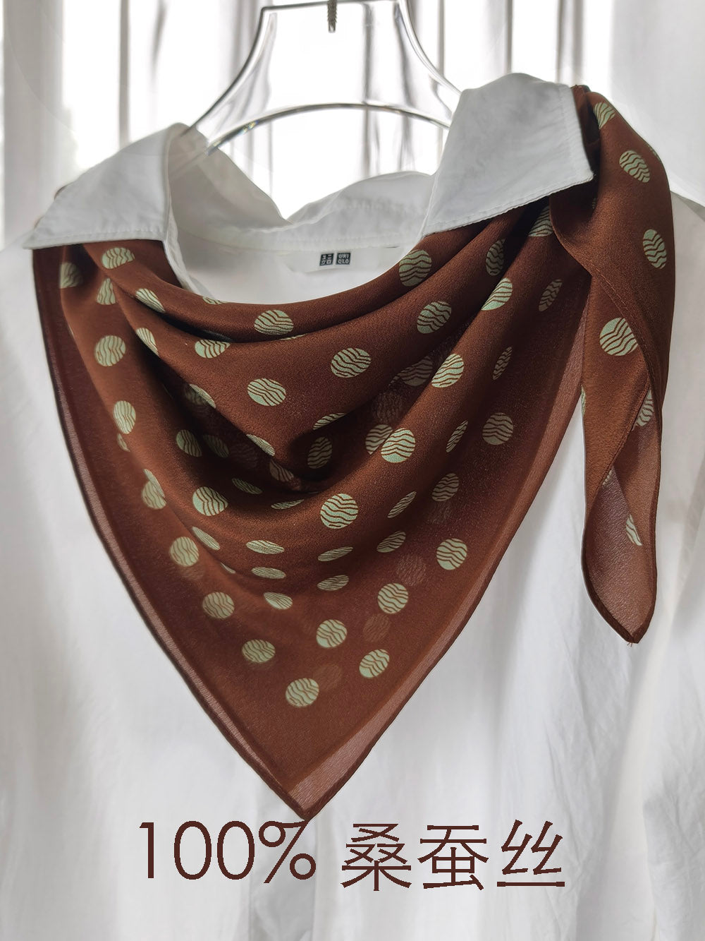 Pure Silk Crepe de Chine Square Scarf 65 cm - Caramel with White Dots Print - Machine Rolled Hem