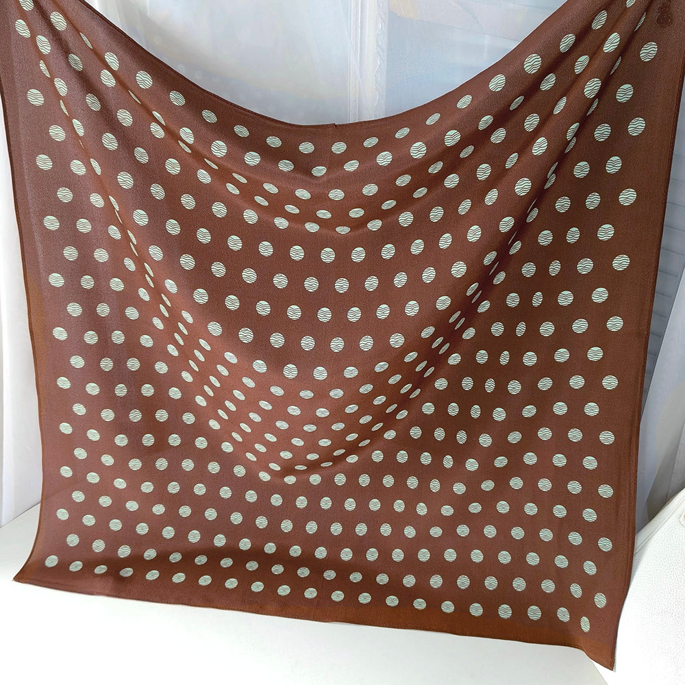 Pure Silk Crepe de Chine Square Scarf 65 cm - Caramel with White Dots Print - Machine Rolled Hem