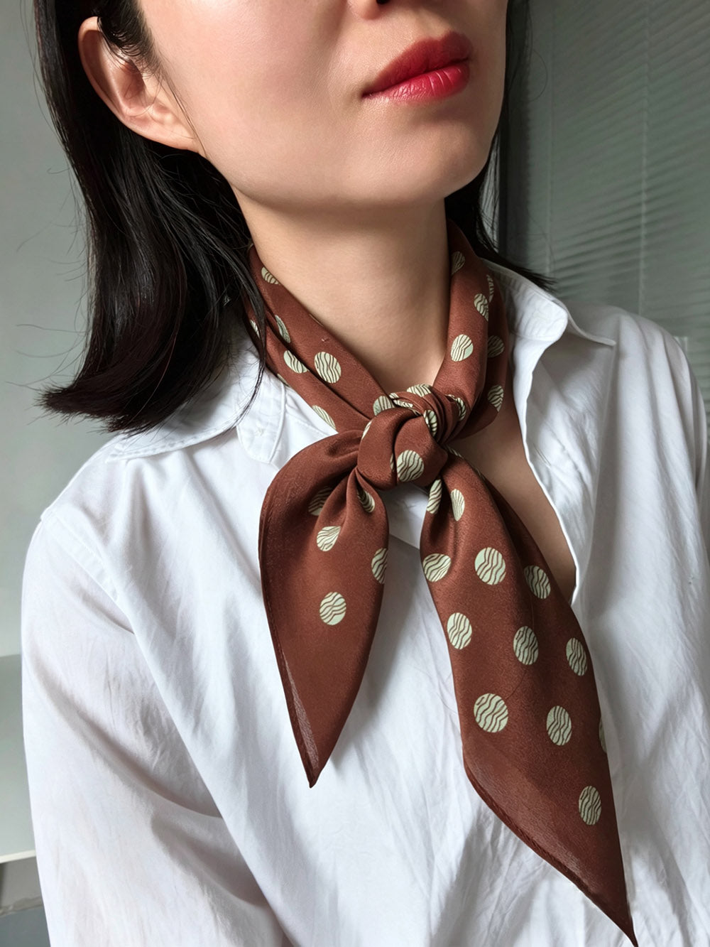 Pure Silk Crepe de Chine Square Scarf 65 cm - Caramel with White Dots Print - Machine Rolled Hem