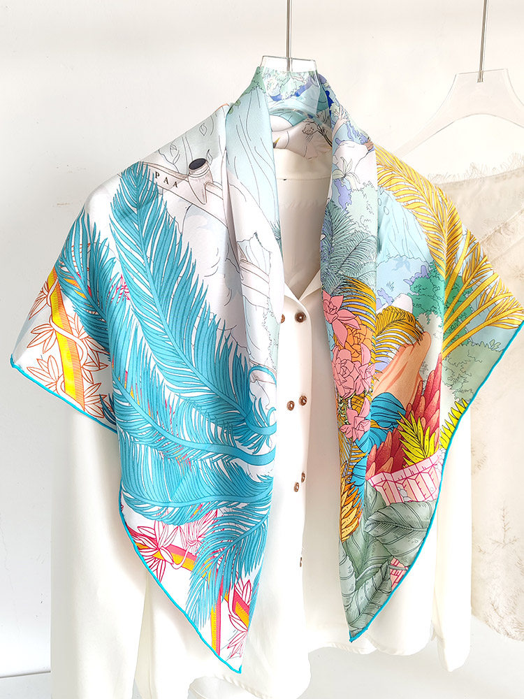 Reversible Dual-Color 19MM 100% Mulberry Silk Twill Scarf -Double-Faced Floral Print Hand-Rolled Hem