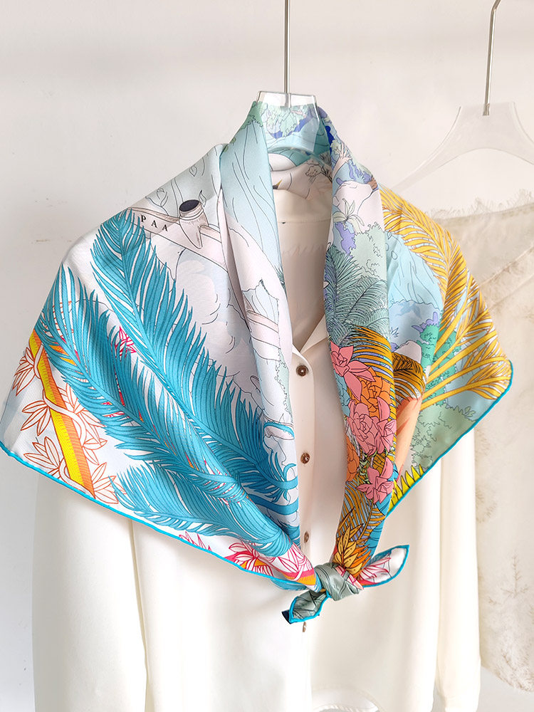 Reversible Dual-Color 19MM 100% Mulberry Silk Twill Scarf -Double-Faced Floral Print Hand-Rolled Hem