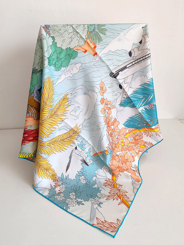 Reversible Dual-Color 19MM 100% Mulberry Silk Twill Scarf -Double-Faced Floral Print Hand-Rolled Hem