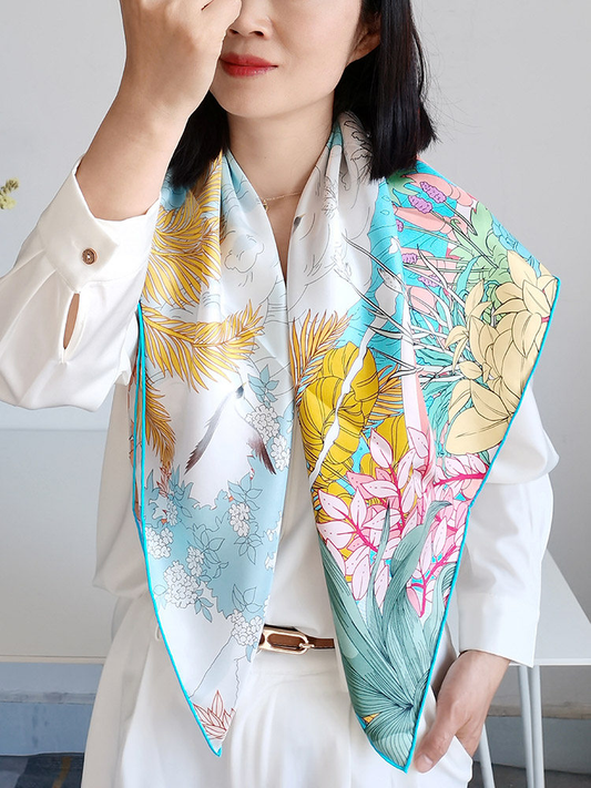 Reversible Dual-Color 19MM 100% Mulberry Silk Twill Scarf -Double-Faced Floral Print Hand-Rolled Hem