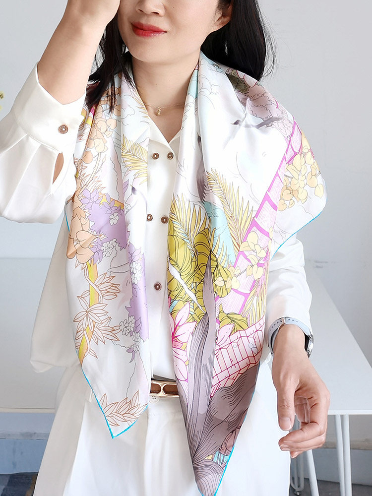 Reversible Dual-Color 19MM 100% Mulberry Silk Twill Scarf -Double-Faced Floral Print Hand-Rolled Hem