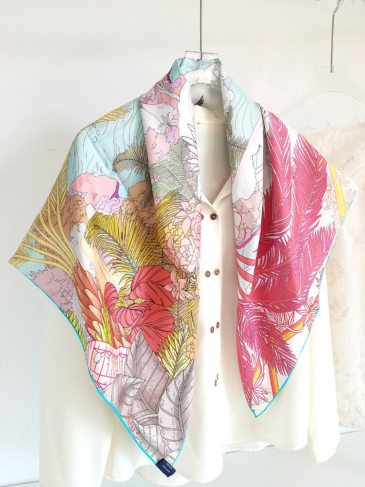 Reversible Dual-Color 19MM 100% Mulberry Silk Twill Scarf -Double-Faced Floral Print Hand-Rolled Hem
