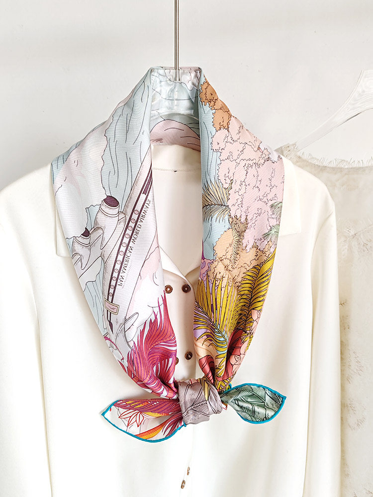Reversible Dual-Color 19MM 100% Mulberry Silk Twill Scarf -Double-Faced Floral Print Hand-Rolled Hem